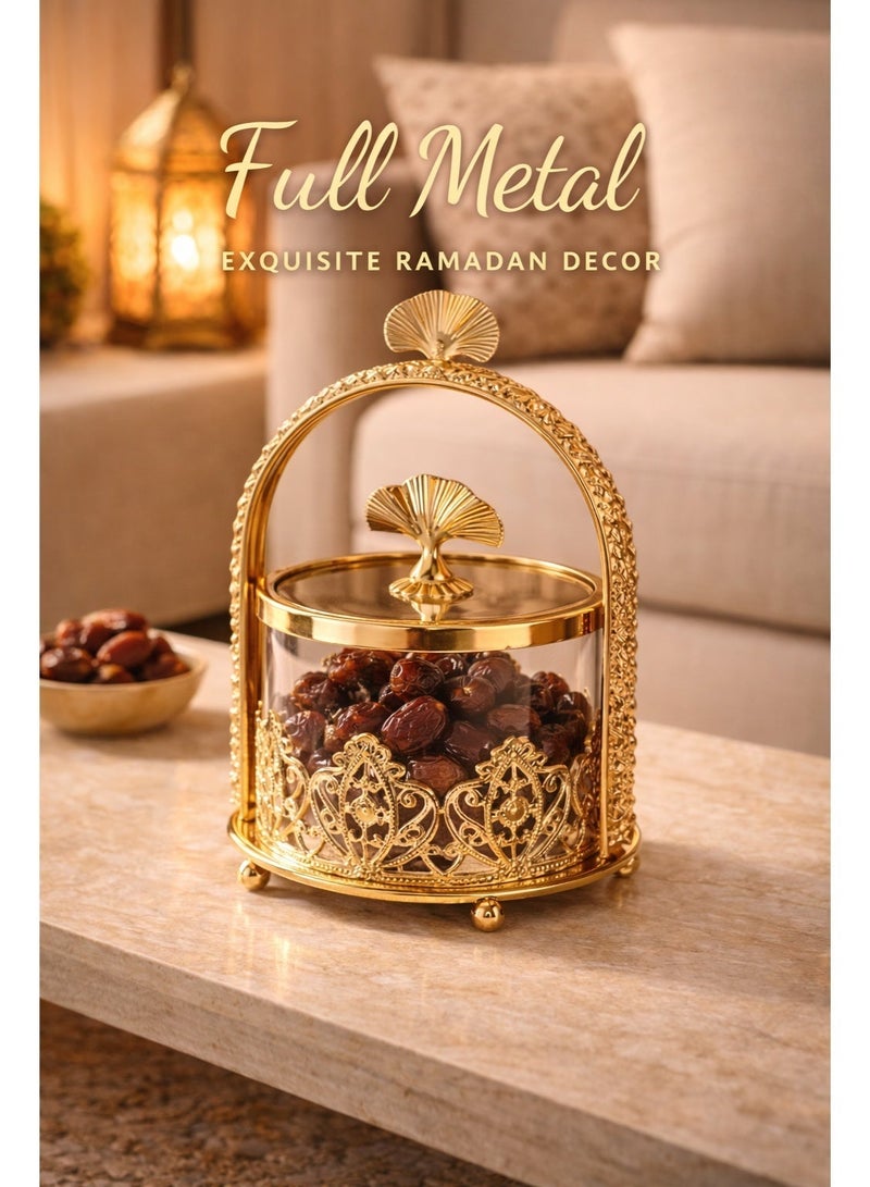 أولودينيز  علبة تخزين لرمضان زجاجية فاخرة بيد مزخرفة – حافظة ذهبية للحلويات أو التمر بغطاء ورقة الجنكو، مثالية للمناسبات - Image 3